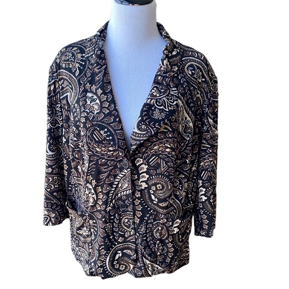 JOAN RIVERS Collared Paisley Brown & Black Women's Lined Button Up Blazer Sz. 2X - Picture 1 of 10